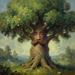 a magic talking tree ent with a face in it, with a moustache, fantasy concept art, oil painting, hyperrealistic, highly detailed, artstation, cgsociety