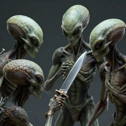 aliens brainsuckers killing aztecs with ritual knife, perfect faces, fine details, studio lighting, close view, subtle shadows, art by katsuya terada, photorealism, hyper realism, octane render, hyper detailed, medium shot, 8 k, raw, unedited, in - frame,