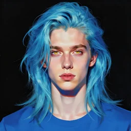 ilya kuvshinov with long sky blue hair, gold eyes, amber eyes, boyish face, black background, blue shirt, wild brush strokes, concept art, award - winning photography, cinematic, wlop, color block, pop, hip, art by andy warhol, pixiv art, yoshitaka amano