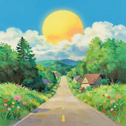 empty village runway panorama in the woods with beautiful sky and giant sun, bloom, on, painting by ghibli pixar disney ghibli gouache painting