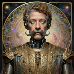 neil degrasse tyson robot, dmt, large metal mustache, muted colors, benevolent, nebula background, glowing eyes, detailed realistic surreal retro robot in full regal attire. face portrait. art nouveau, visionary, baroque, giant fractal details. vertical symmetry by zdzisław beksinski, alphonse mucha. highly detailed, realistic