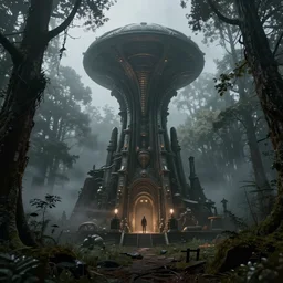 ancient alien installation in the woods, gloomy and foggy atmosphere, octane render, rembrandt, cgsociety, artstation trending, horror scene, highly detailded