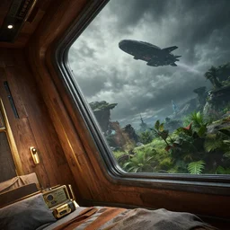angled tilted closeup to a corner in a futuristic confy bedroom, with wood and deus ex : human revolution gold details and a huge futuristic glass window overlooking a lush alien planet environment from ps 5 returnal game, a black ship in the sky, environmental lighting, moody weather and alien skies, ray tracing, amazing view, highly detailed,, octane render, unreal engine 5, 4 k