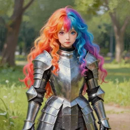 masterpiece, hyperrealistic, ultradetailed, realism oil painting, zoomed - out, photography, a lifelike anime girl that is dressed in steel plate armor, kawaii, inside a park, art by wlop, vibrant wavy hair, lgbt, highly rendered, blender, unreal engine, readable, extremely detailed, trending on artstation, sharp focus, 4 k