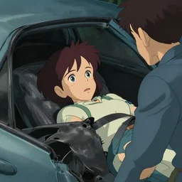 a brunnete girl with blue eyes and puffy cheeks lying in a car accident, a man is watching from the side, anime art, Greg Rutkowski, studio ghibli, dramatic lighting