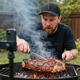 itsuncleslam grilling a steak while live - streaming on twitch, detailed face, 4 k