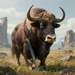 highly detailed portrait photo of an armored anthropomorphic mutant with the head of a musk ox, wearing a sword and is wandering through a scenic dystopian steppe, hyperrealistic Illustration