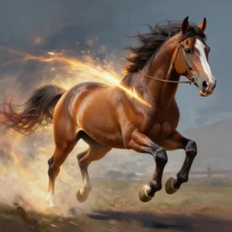 a stunning digital painting of a horse as the flash running in the speedforce by greg rutkowski, volumetric light, digital art, fine detail, photorealistic