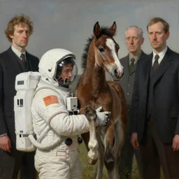 small foal sits on the back of his astronaut father, hauntingly surreal, highly detailed painting by francis bacon, edward hopper, adrian ghenie, gerhard richter, and james jean soft light 4 k,