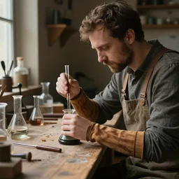 inside alchemist's workshop, beakers, wooden sleeves, by tuco amalfi