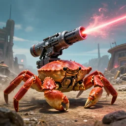 shoulder shot of a huge gigantic crab with a [ shooting ] [ star - wars ] [ blaster - turret ] attached to its back crawling towards a village, [ star wars ] [ laser ] [ turret ] [ attached ] to top of crab, turret is firing, xf iq 4 f 5. 6 iso 2 0 0, mcquarrie