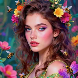 young beautiful woman, eve in the garden of eden, gorgeous face, vaporwave aesthetic, synthwave, colorful, psychedelic, artstation, flowers, bees, smooth, extremely sharp detail, finely tuned detail, 8 k, unreal engine 5, ultra sharp focus, illustration, art by artgerm and greg rutkowski and alphonse mucha