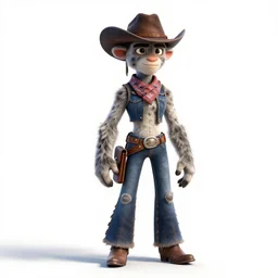 grizzled cowgirl with hat, stylized pixar-style 3d render, full body, standing, isolated on a pure white background, centered, whole figure in frame, sharp focus, studio lighting