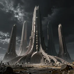 moody landscape, exoplanet, abandoned alien megastructure designed by giger, towering skeletal temple skyscrapers, zaha hadid, post industrial, peter gric, beksinski, hr giger, kubrick, black clouds, octane render, cinematic,