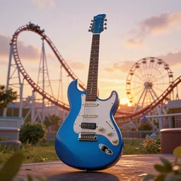 digital art, a blue guitar, a giant roller coaster and a ferris wheel in the background, cinematic, sunset, fantasy, 8 k, trending on artstation