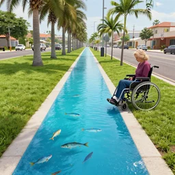 long shots of liquid sidewalk with fish, palm trees, accessible for the disabled, by professional photographer, 8 k resolution, photo, high quality, unreal engine, 3 d