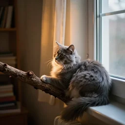 “ fluffy grey cat turning head to look out the window while lying on tree, cozy living room, warm, cotton, dramatic lighting, extremely high quality, leica m - a, lux 3 5 fle, portra 8 0 0 ”