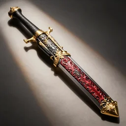black red and gold baroque detailed filigree gunblade warhammer concept art