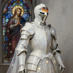 breathtaking detailed soft painting of white knight in armor, gauze dress of fireflies and art nouveau sallet of embers, rembrandt style, detailed art nouveau stained glass, christian saint, elegant, highly detailed, artstation, concept art, matte, sharp focus, art by Anato Finnstark, Artgerm and Greg Rutkowski