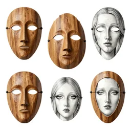 goddess of fear, wooden mask, mirror mask, character design, character sheet, Moebius, Greg Rutkowski, Zabrocki, Karlkka, Jayison Devadas, Phuoc Quan, trending on Artstation, 8K, ultra wide angle, zenith view, pincushion lens effect