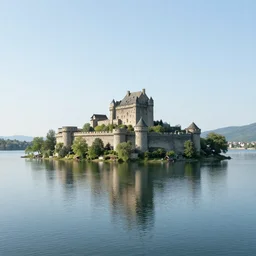 a large lake with a medieval castle on a floating island