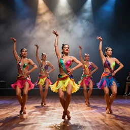 latin dance band in the style of natalia agatte. lively. colorful. hd.