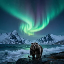 dim northern lights under a dark but star-spangled sky, galaxy center remotely visible, roaring ocean in front, towering snowcovered mountains in background, with a bearskin clad viking with an axe, coming ashore, vibrant colors, trending on artstation, smooth, detailed, sharp focus, realistic, masterpiece, epic, realistic,cinematic lighting, great, uhd, 4k, by artstation