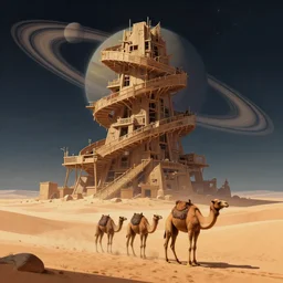 a beautiful illustration of a massive surreal brutalist winding wooden structure on the back of a giant mutant camel traveling an expansive desert with a ringed planet in the night sky in the style of Rob Lefield and Ralph McQuarrie, Daniel Merriam :.1, trending on artstation, digital art, third person perspective, wide angle, establishing shot