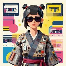 portrait of a lowpoly punk girl with a musicassette sunglasses wearing kimono made of transistors, poster art by kurt schwitters james jean liam brazier victo ngai tristan eaton