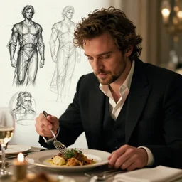pedro pascal eating dinner, character sheet, storyboard, character design, contrast, deep focus, turnaround, highly detailed, dramatic lighting, digital painting, artstation, concept art, matte, sharp focus, illustration, elegant, art by artgerm and greg f and alphonse mucha.