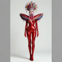 a full - body female character design wearing a red sequined bodysuit, beads hanging over her face like an alexander mcqueen headdress, costume by eiko ishioka, haute couture by moebius, steven outram, colorful and psychedelic