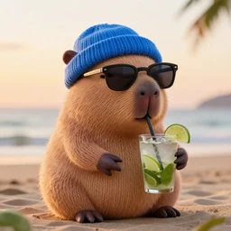 a photorealistic photograph of a knitted cute Capybara wearing sunglasses and dressed in a blue colored beanie cap. The subject is enjoying a refreshing Mojito drink at the beach during sunset. The image is Trending on Artstation, featured on Behance, well-rendered, fine detail, extra crisp image, Unreal Engine, 4K HD