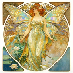 portrait of a beautiful fairy, by a waterlily pond, coherent design, symmetrical, vivid color, complementary color, golden ratio, detailed, sharp lines, intricate, rainbowshift, by maxfield parrish, by peter mohrbacher, by karol bak, by alphonse mucha, deviantart, octane render