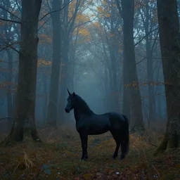 a dark foggy golden blue forest and a black unicorn, film still by wes anderson