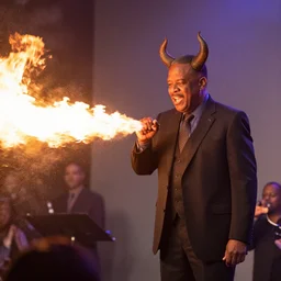 photo of kenneth copeland with devil horns on stage at church spewing flames