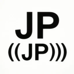 “JP” text saying JP “(((JP)))))” text logo in front simple white background Victo Ngai, Kilian Eng