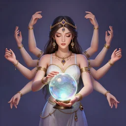 a mystical digital illustration of a fortune - teller gypsy woman with 6 arms, a crystal ball in her hand, iridescent scaled skin, refraction and reflections, translucent, shawl, robes, scarf, artstation, painting by alphonse mucha and bouguereau and ruan jia and conrad roset