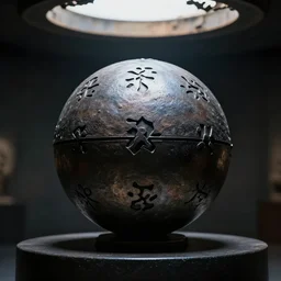 an iron ball with weird symbols engraved on it, the ball is on a pedestal. the light enter the room by a hole in the ceiling. close - up. cyberpunk.