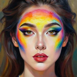a beautiful detailed painting of a woman with her face painted in rainbow colors. stunning 🌈 face paint. close up on highly detailed gorgeous face. by artgerm and greg rutkowski and alphonse mucha and josan gonzalez