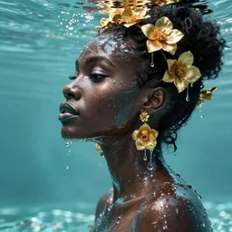 hyperrealistic post - dada cinematic very expressive! profile black oshun goddess, in water!! up to shoulders, mirror dripping droplet!, gold flowers, highly detailed face, digital art masterpiece, smooth eric zener cam de leon, dynamic pearlescent turquoise light, low angle uhd 8 k, sharp focus