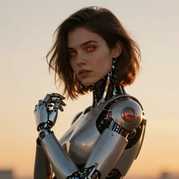 brunette cyborg girl .glowing red eyes. cyborg arms. Art by William-Adolphe Bouguereau. During golden hour. Extremely detailed. Beautiful. 4K. Award winning.