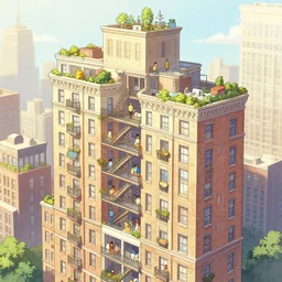 cutaway view of a nyc apartment building with people and pets in style of anime, illustration trending on artstation