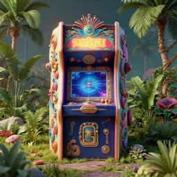 80s futuristic outdoor retro arcade, desolate, lush vegetation:: by beeple and James Gilleard and Justin Gerard :: ornate, dynamic, particulate, intricate, elegant, highly detailed, centered, artstation, smooth, sharp focus, octane render, 3d