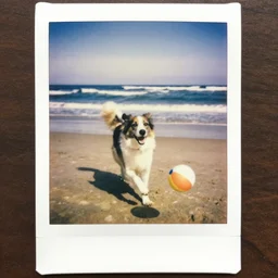 a very happy dog running after a beachball at the beach, grainy polaroid photo