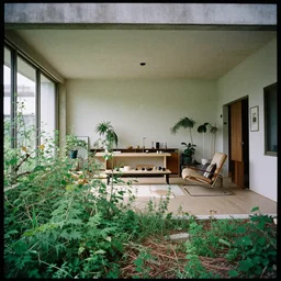 overgrown modern home interior, color photograph, canon eos c 3 0 0, ƒ 1. 8, 3 5 mm, 8 k, medium - format print