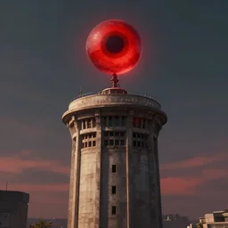 high round tower with a huge red evil eye floating at the top, artstation award winner