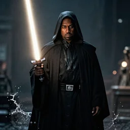 kanye west as a sith lord from star wars, sith, darkside, splash art, movie still, cinematic lighting, ray tracing, octane render, long lens, shallow depth of field, bokeh, anamorphic lens flare, 8 k, hyper detailed, 3 5 mm film grain
