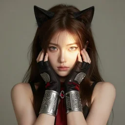 a brown haired girl with catlike slitted gray eyes that catch the light. fingerless gloves. a red cravet with a silver gemstone upon it. arm braces with intricate patterns. by ruan jia. rhads. phil hale