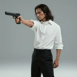 a long hair man in white shirt and black pants, hold a gun with left hand aimed. artstation. octane render, hd, matte painting. cinematic. ultra clear detailed. david fincher.