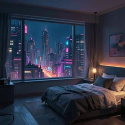 cyberpunk bedroom at night, dystoptian, gorgeous view, depth, painted by seb mckinnon, trending on artstation